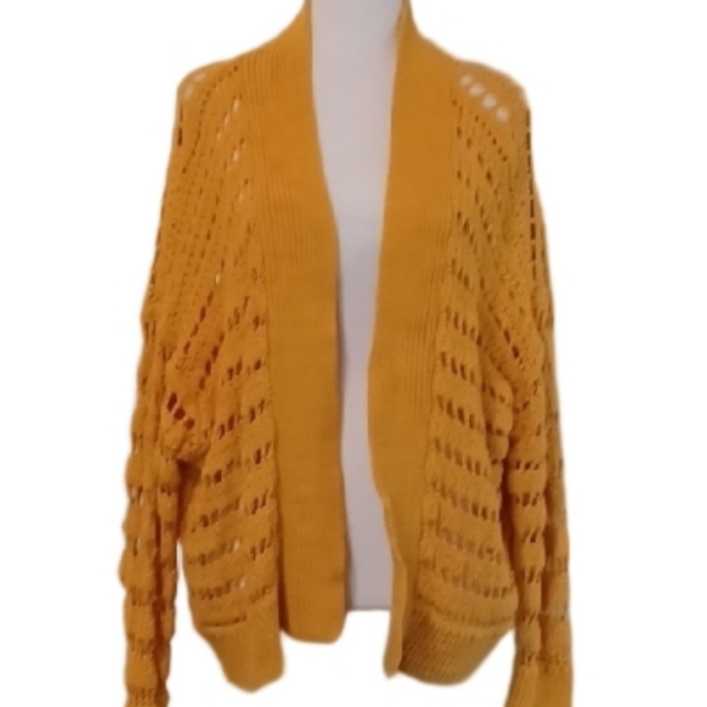 -- Yellow Open-Knit Women's Cardigan - Picture 2 of 8
